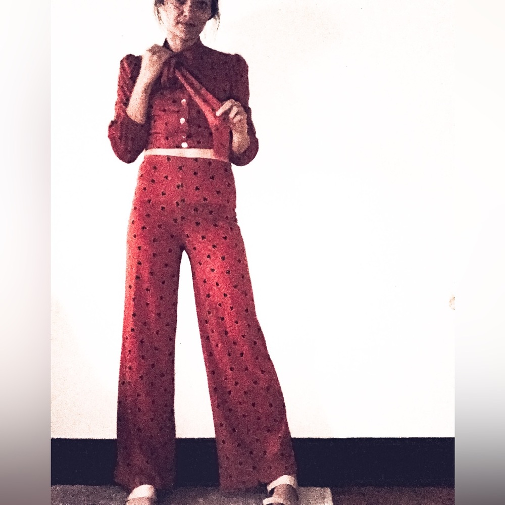 Misty Lane 70s orange crop top and wide leg 2-piece set. Made in USA